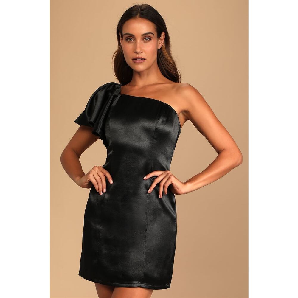 💥 5 for $25 Sale Lulus Black Satin One Shoulder Mini Dress Large Ruffle Sleeve